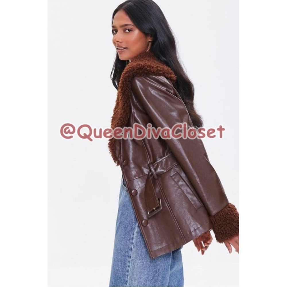 F21 Dark Chocolate Brown Faux Leather Fur Trimmed Belted Retro 90's 70s Jacket L - Picture 9 of 9